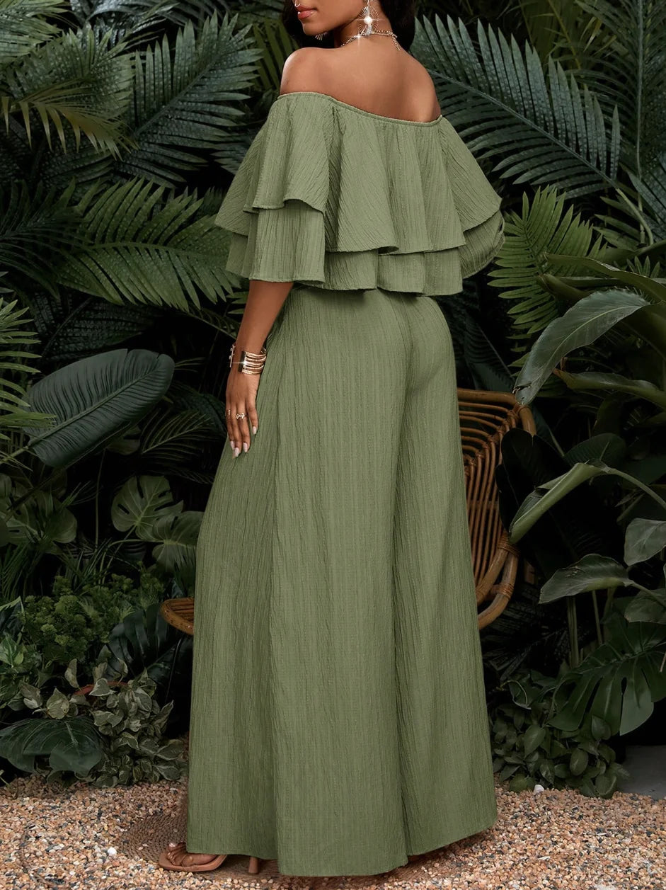 Women's Off Shoulder Ruffle Crop Top With Wide Leg Pants
