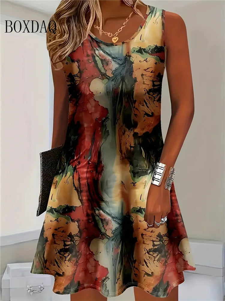 Boxdaq Women Sleeveless Bohemian Floral Print Knit Summer Dress