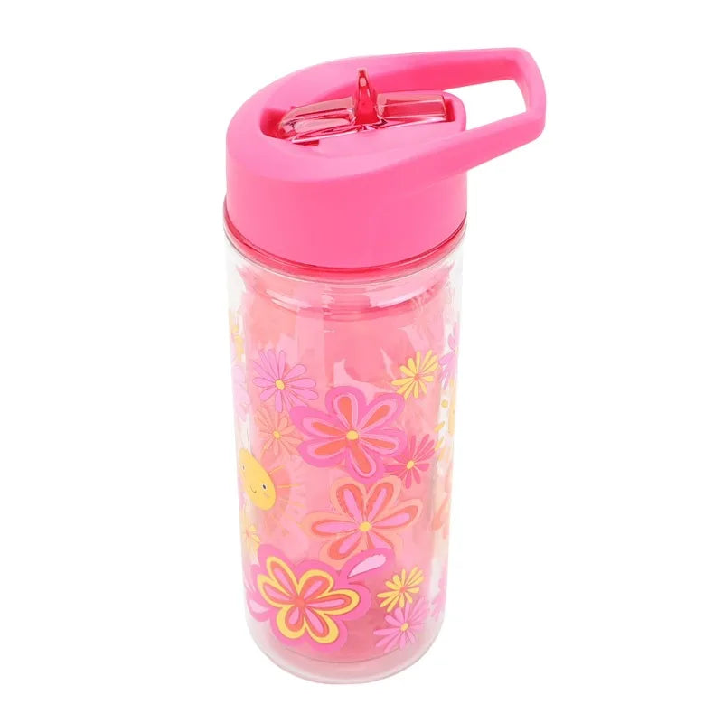 Flower Double Wall Insulated Reusable Plastic Water Bottle With Straw