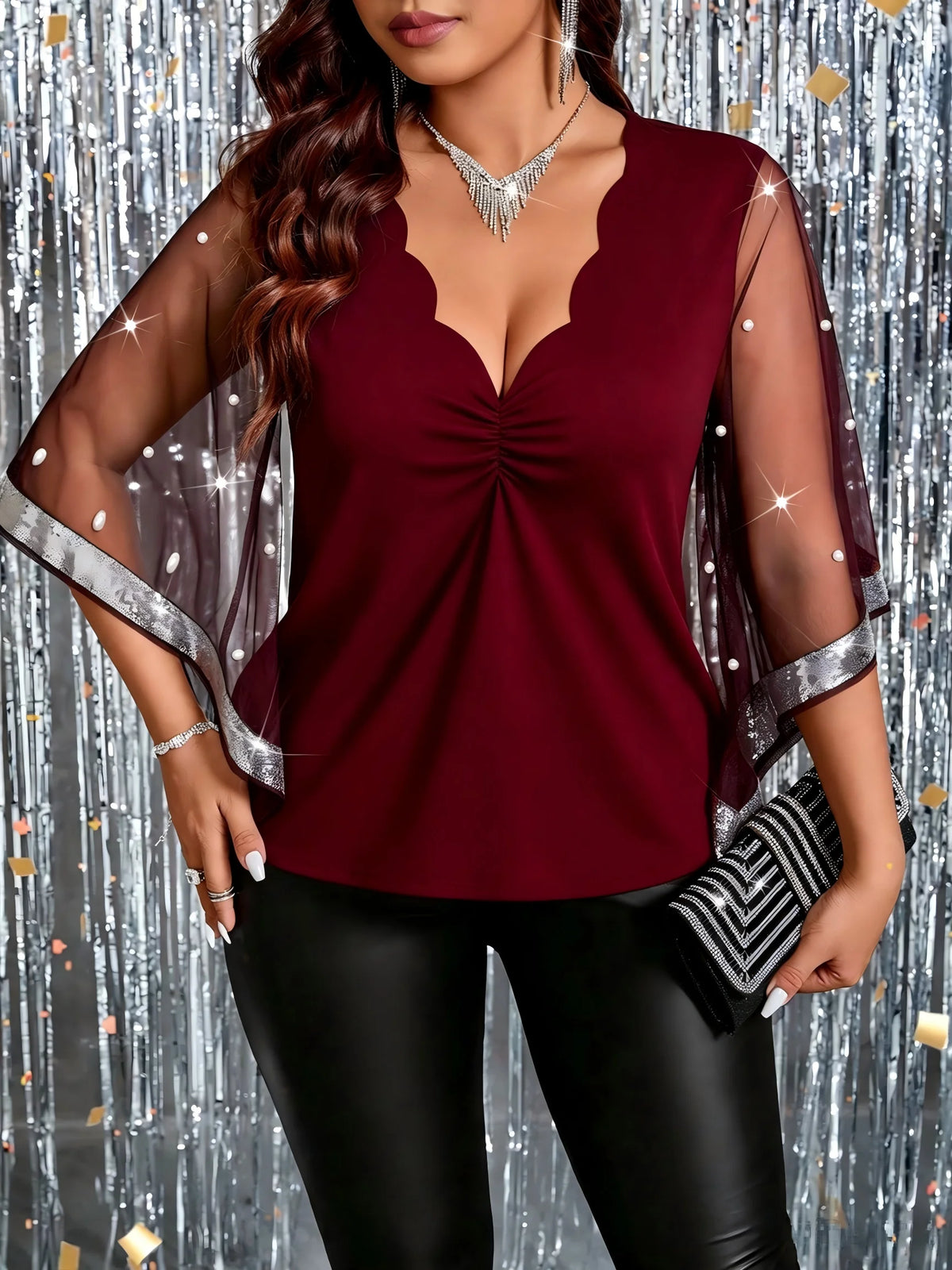 Scallop V Neck Mesh Bell Sleeve Pearl Beaded Party Blouse