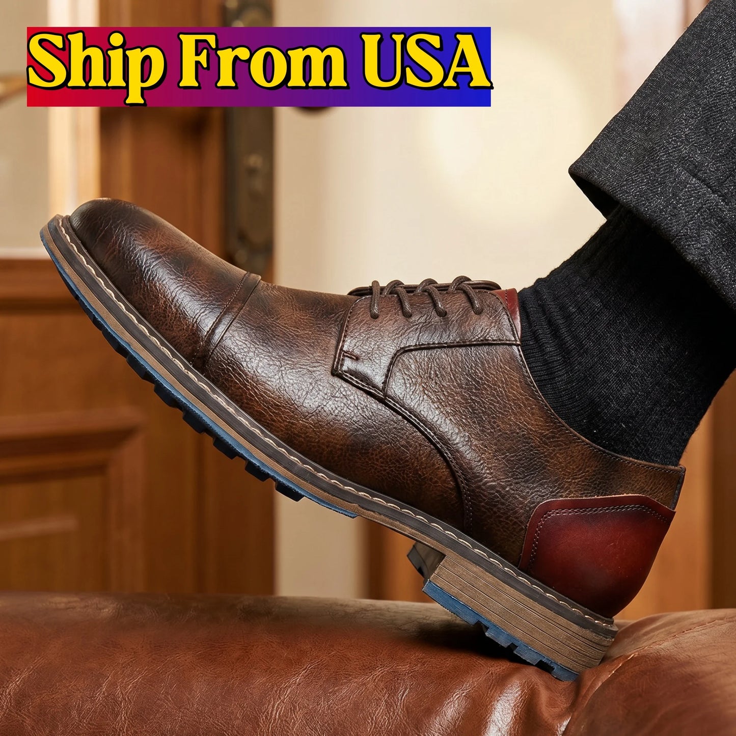 Hecrafted Men Retro Casual Leather Cap Toe Oxford Shoes