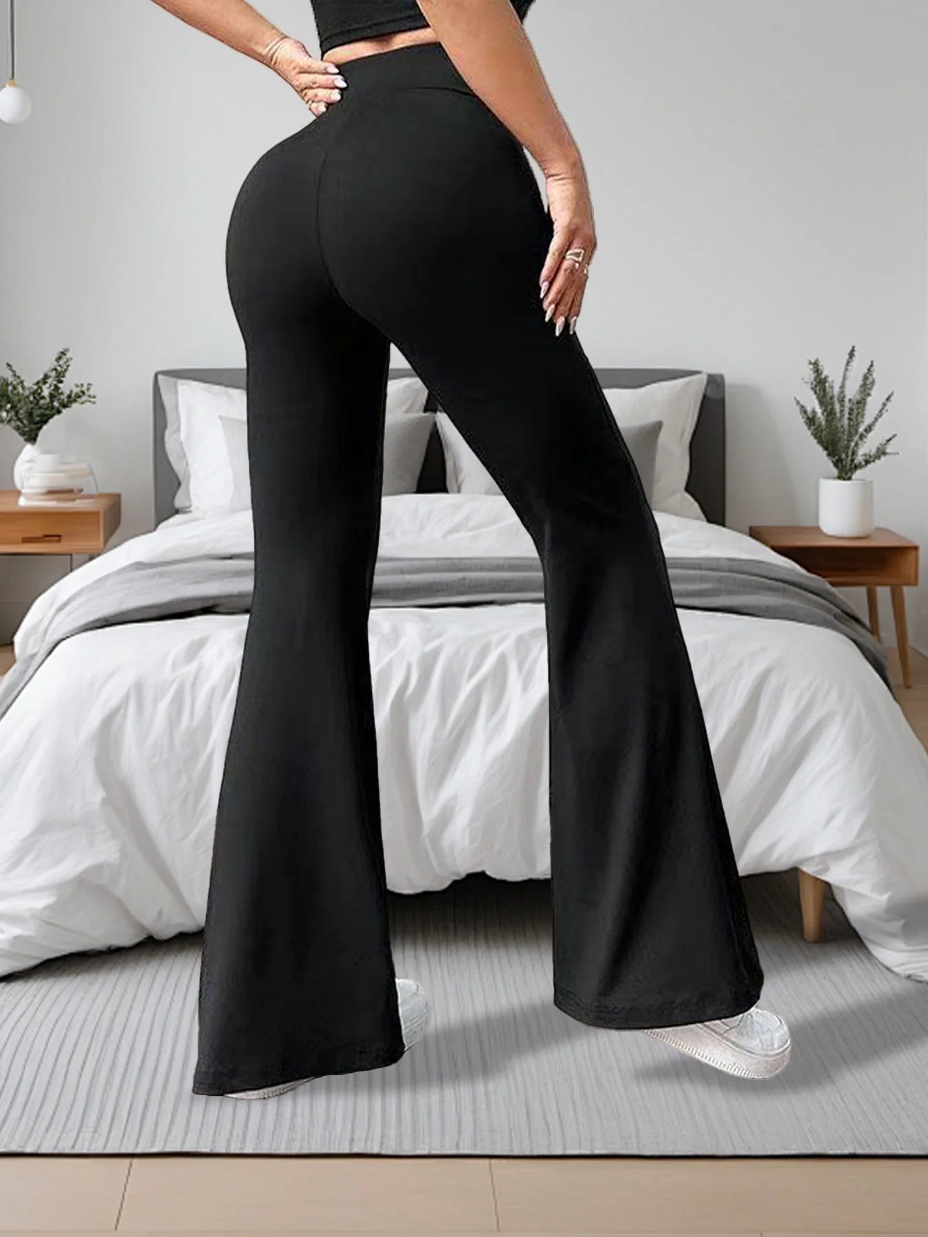 Womens High Waisted Bell Bottom Pants With Elastic Waistband