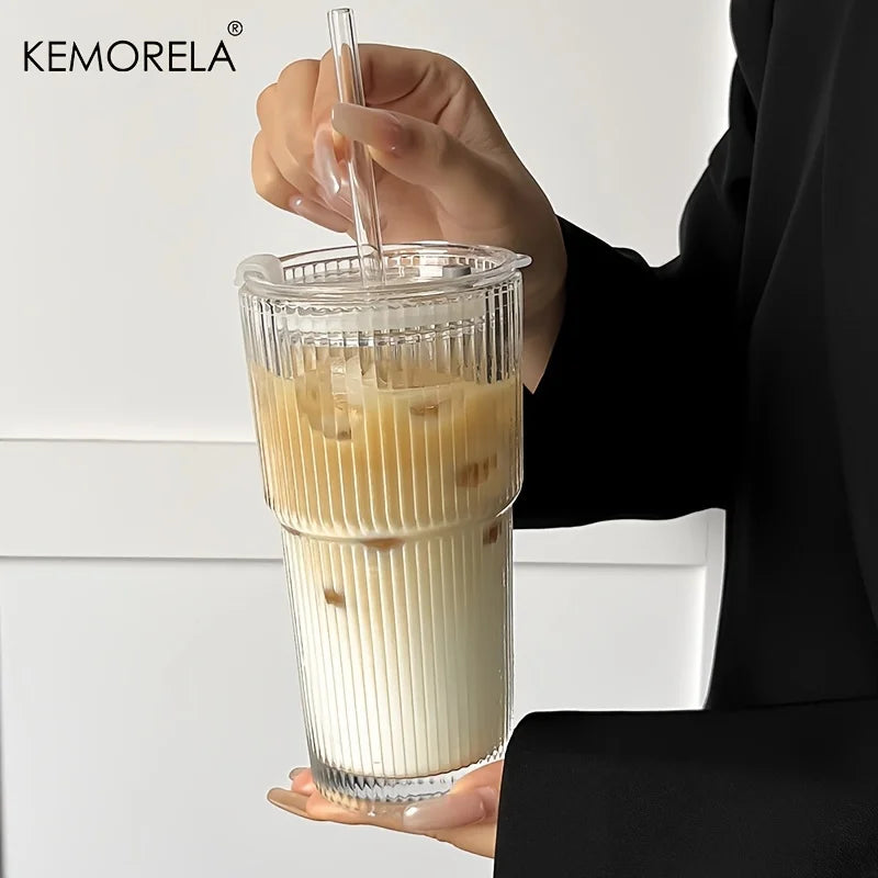 KEMORELA Striped Glass Coffee Cup With Lid For Iced Drinks