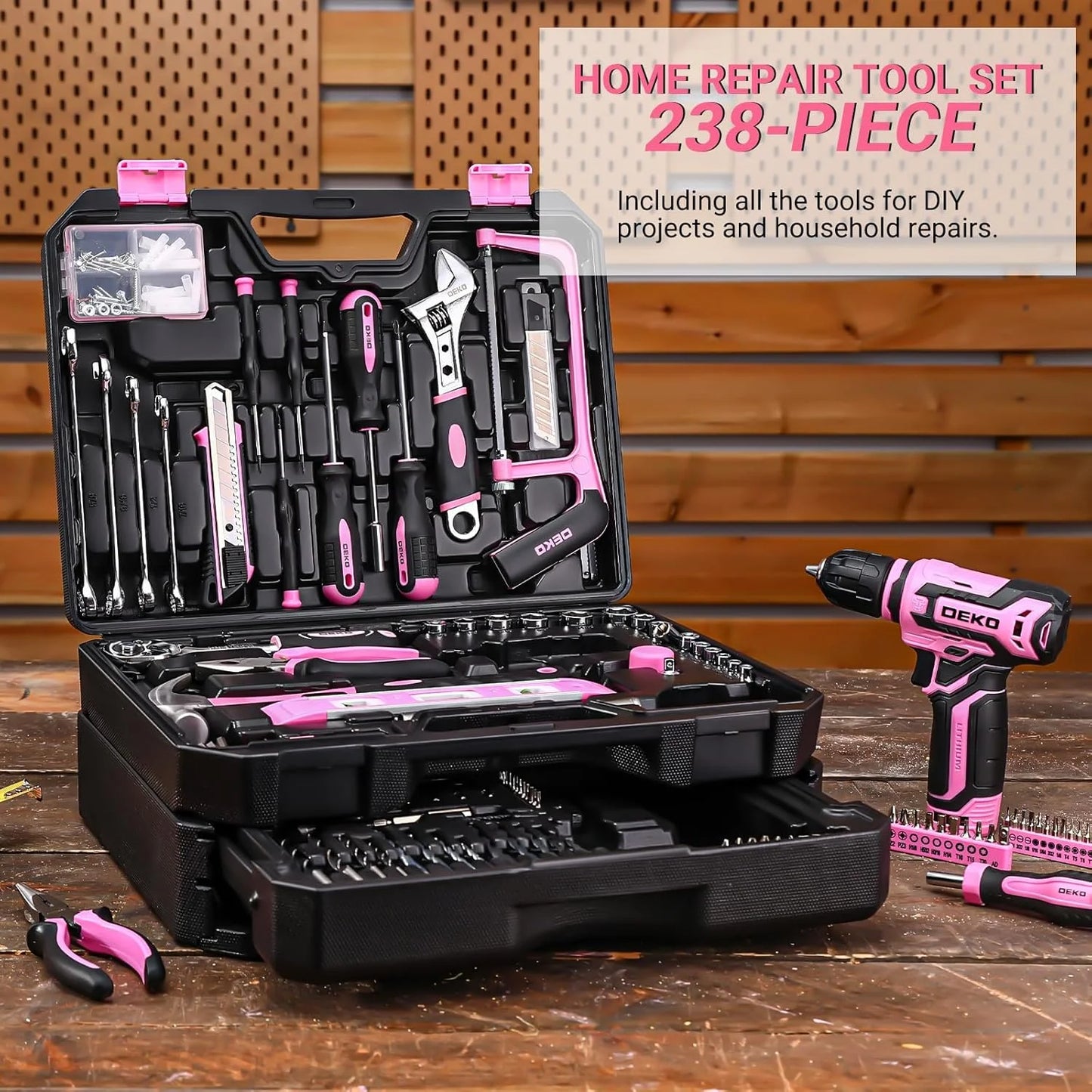 DeKo 12V Cordless Drill Home Mechanic Toolbox Set