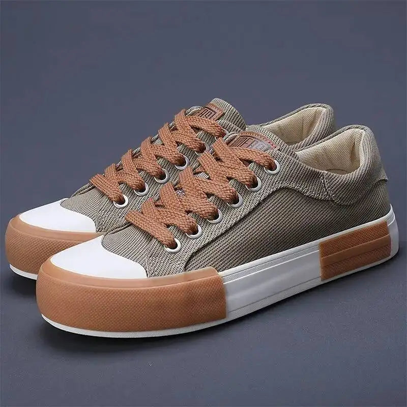 Mens Breathable Leather Canvas Lace Up Vulcanized Sneakers