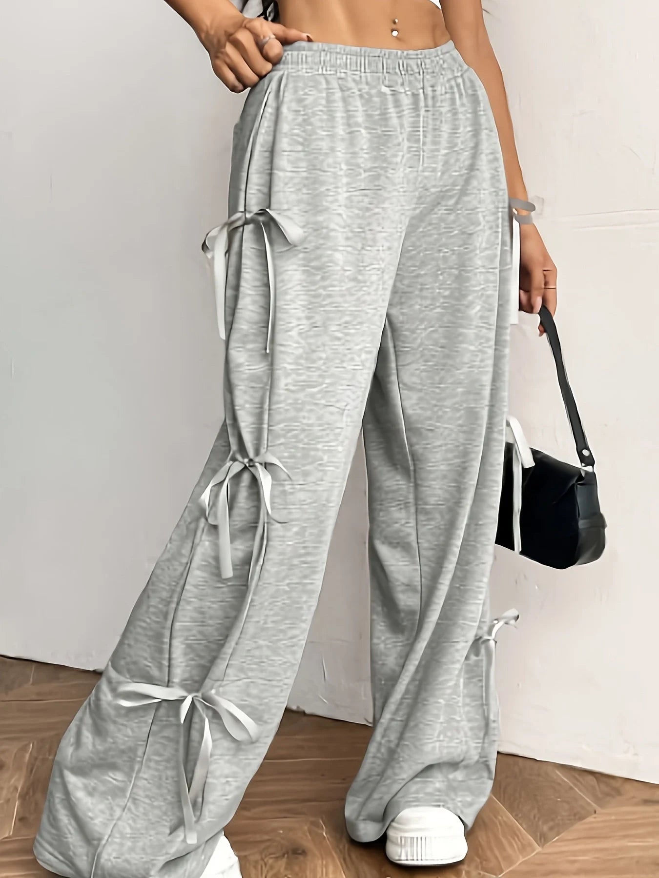 Women Casual Wide Leg Pants Featuring Bow Tie Detail