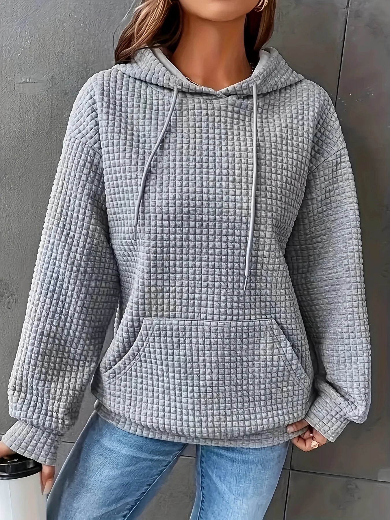 Women Waffle Knit Hoodie Long Sleeve Pullover Sweatshirt Kangaroo Pocket