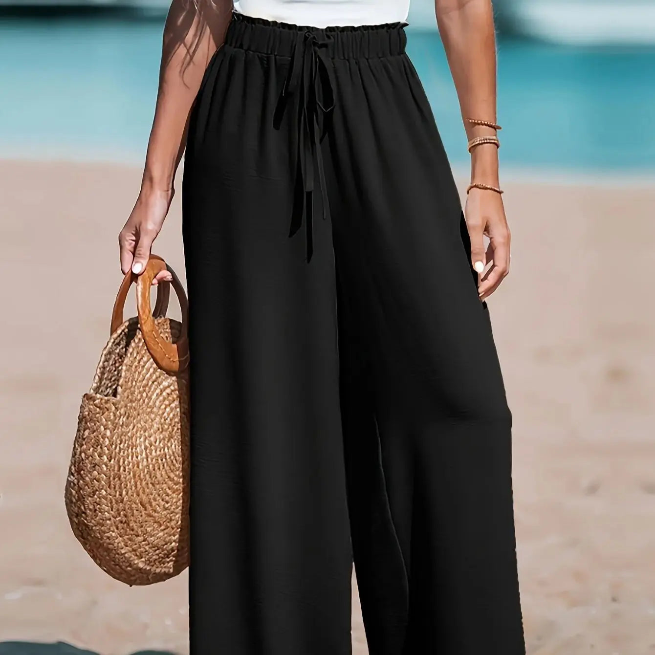 Womens Casual Wide Leg Pants Featuring Elastic Waist And Pockets