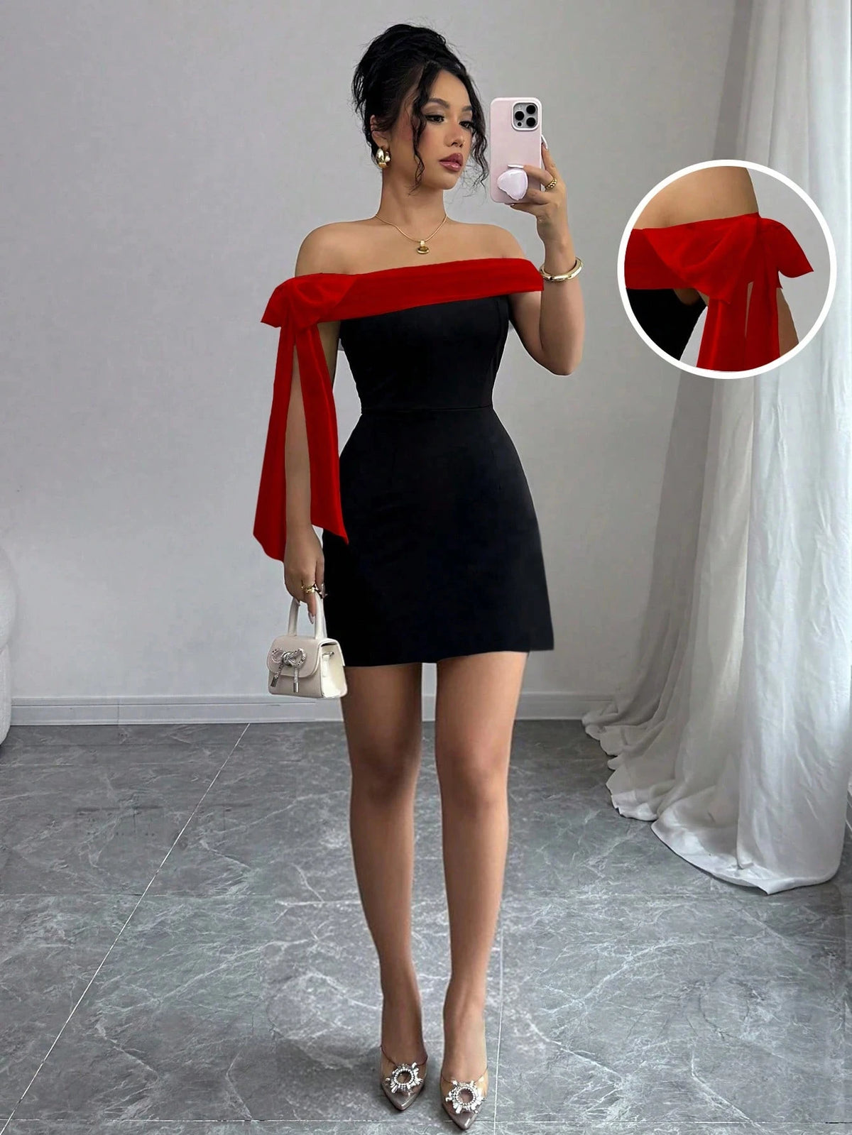 Women's Off Shoulder Bow Lace Slim Fit Party Dress