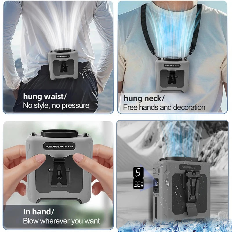 Portable Rechargeable Neck Fan With Waist Clip And Flashlight