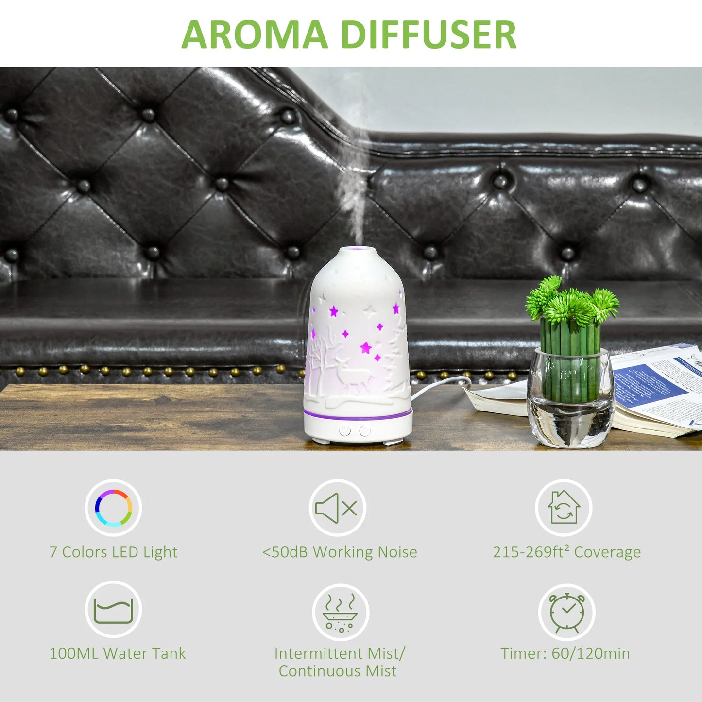 Ultrasonic Aromatherapy Diffuser Humidifier With Ceramic Cover And Timer