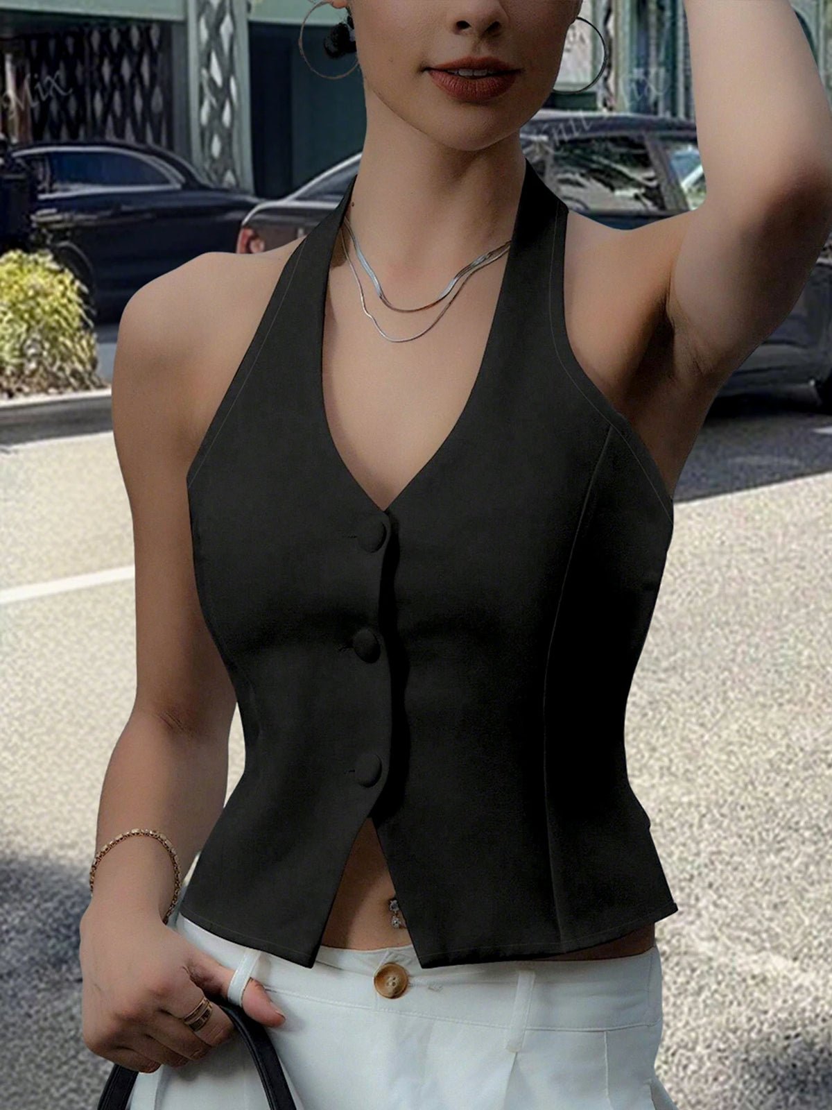 Women's Halter Neck Button Vest Top With Back Tie