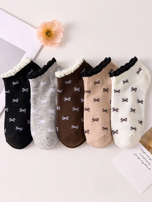 Womens Fashionable Mid Calf Socks With Elegant Floral Bow Designs