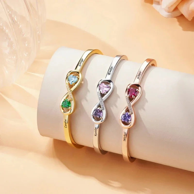 Customized Heart Birthstone Open Cuff Bracelet With Name Engraving