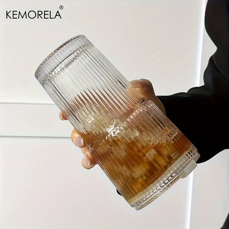 KEMORELA Striped Glass Coffee Cup With Lid For Iced Drinks