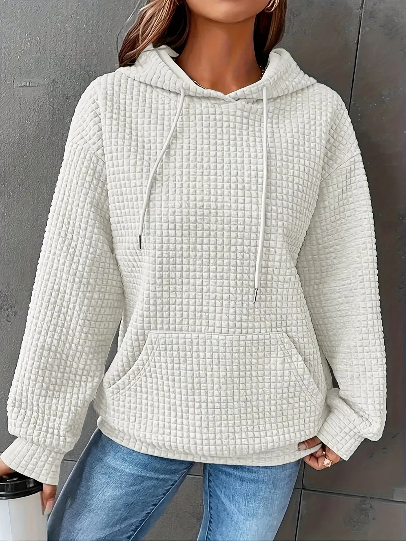 Women Waffle Knit Hoodie Long Sleeve Pullover Sweatshirt Kangaroo Pocket