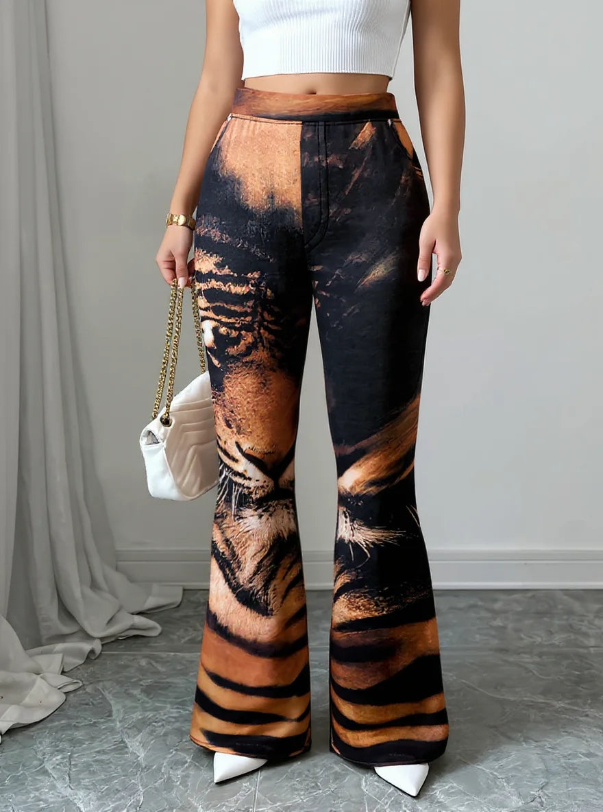 Women's Tiger Print High Waist Stretch Flare Pants