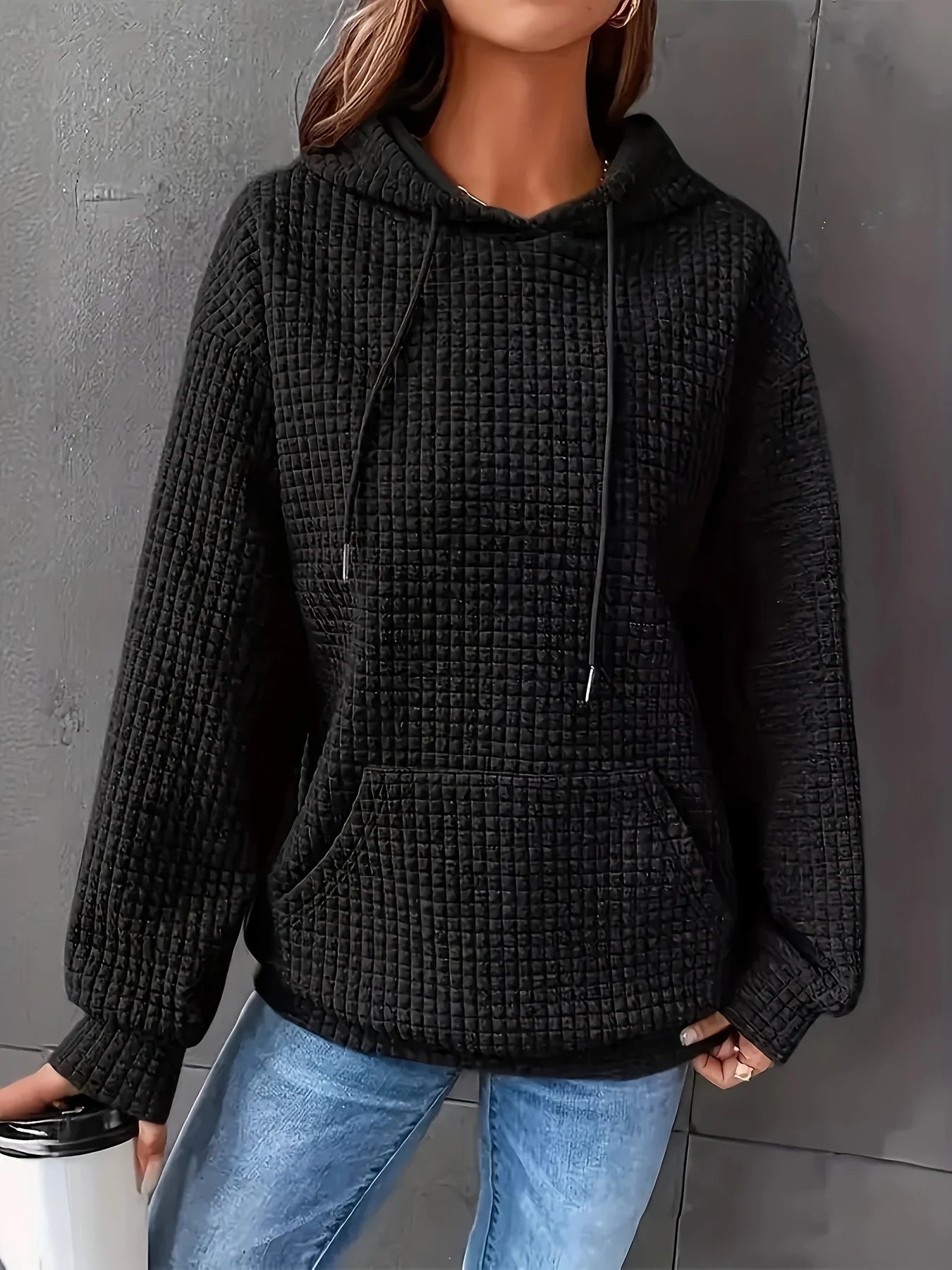 Women Waffle Knit Hoodie Long Sleeve Pullover Sweatshirt Kangaroo Pocket
