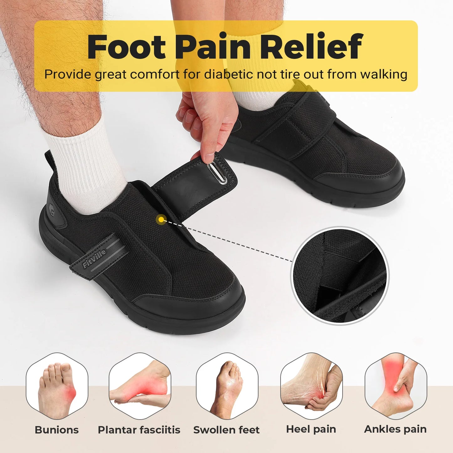 Fitville Men Diabetic Walking Shoes Extra Wide Hook Loop Comfort