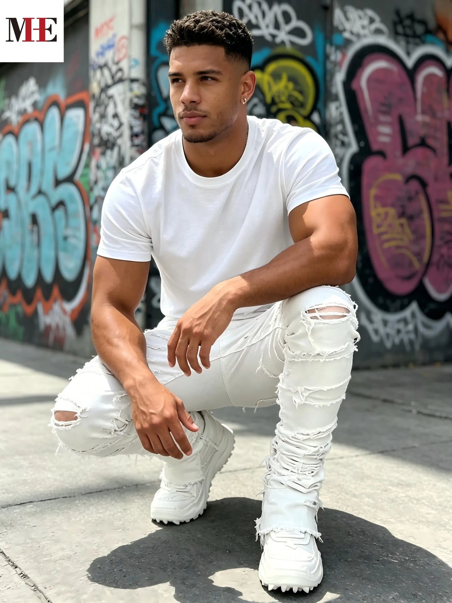 HME Mens Slim Flared Denim Jeans With Ripped Frayed Details
