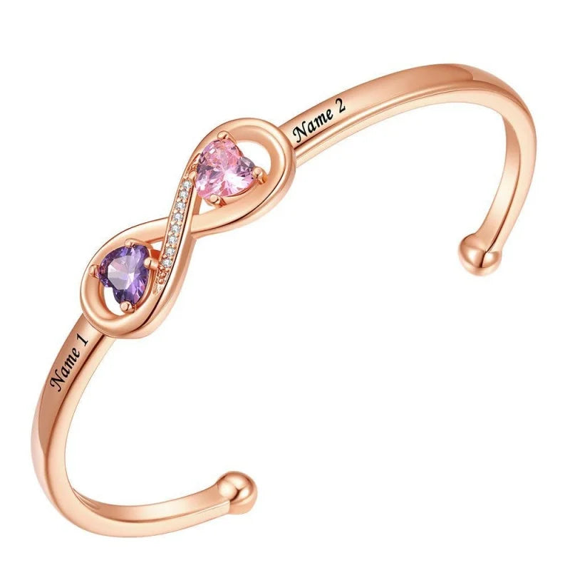 Customized Heart Birthstone Open Cuff Bracelet With Name Engraving
