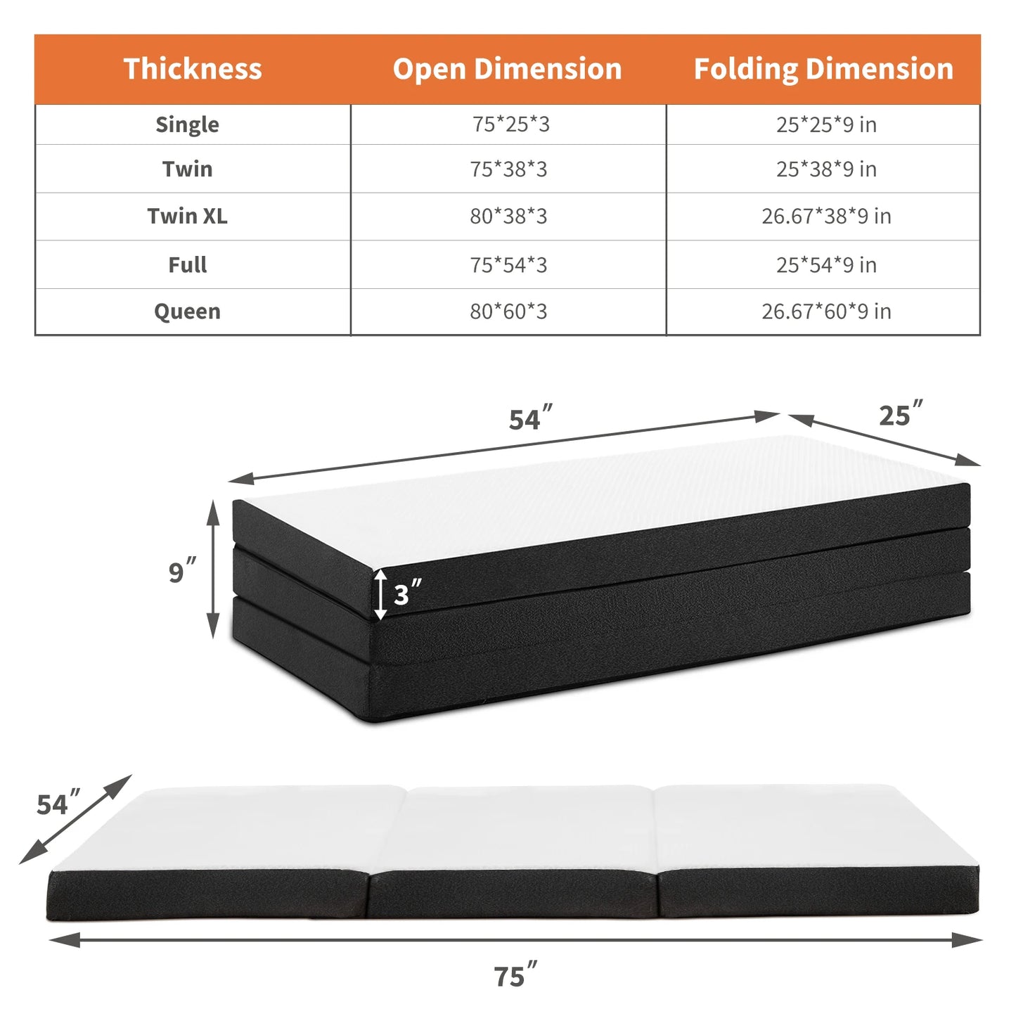 JHK Three Fold Portable Floor Bed With Memory Foam And Soft Touch