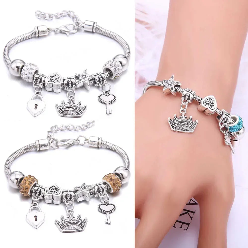 Fashion Butterfly Crown Beaded Link Chain Bracelet For Women