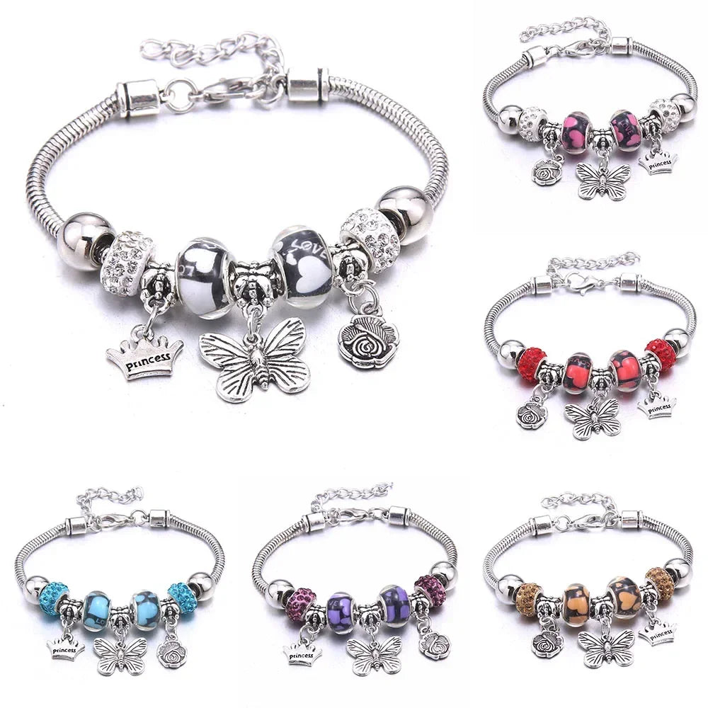 Fashion Butterfly Crown Beaded Link Chain Bracelet For Women