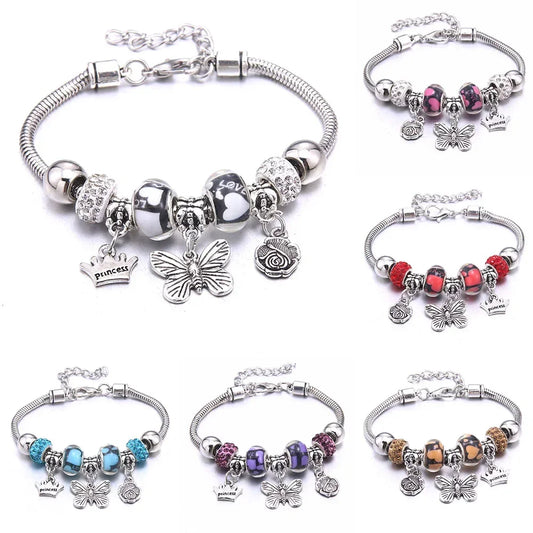 Fashion Butterfly Crown Beaded Link Chain Bracelet For Women