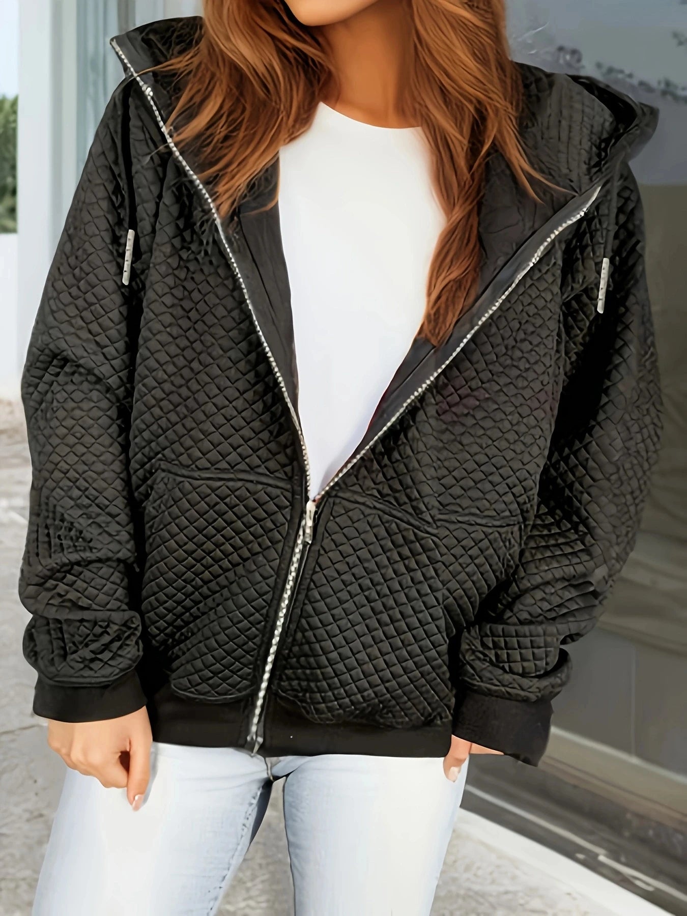 Stylish Quilted Zip Up Jacket Featuring Stand Collar With Pockets