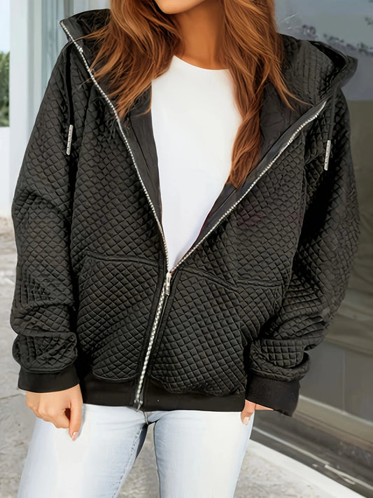Stylish Quilted Zip Up Jacket Featuring Stand Collar With Pockets