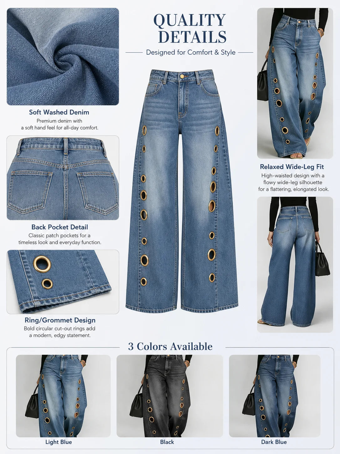 Women High Waist Wide Leg Denim Jeans With Side Eyelet Cutouts